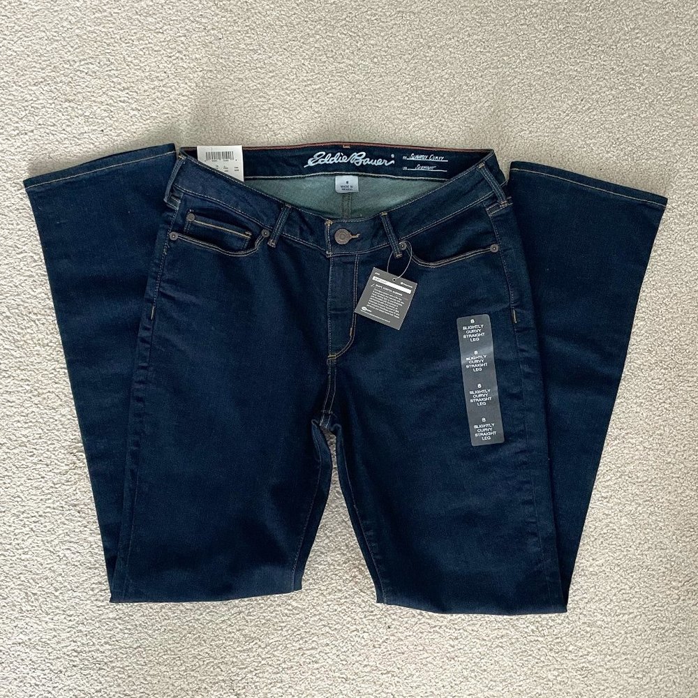 New With Tags Eddie Bauer Slightly Curvy Straight Leg Denim Dark Blue Jeans - 8